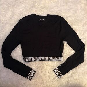 Black Long Sleeve Crop Top with Greek Key Trim